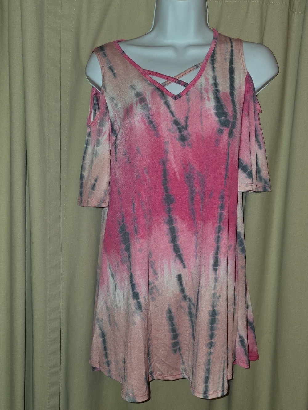Women’s Pink Tie-Dye Cold-Shoulder Tunic with Crisscross Neck Y2K